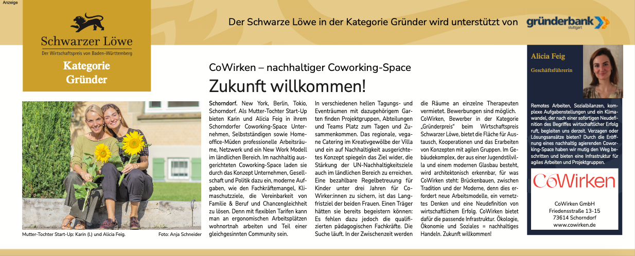 Gala Schwarzer Löwe 2022: CoWirken nominiert in der Kategorie Gründer