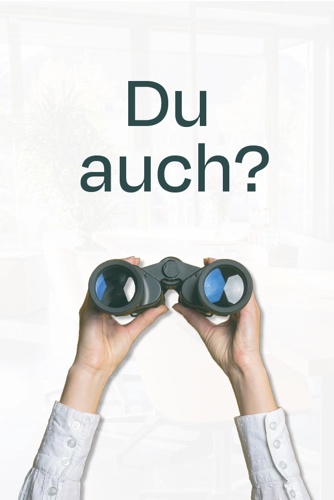 Illustration mit Fernglas und dem Text ‚Du auch?‘ – CoWirken Schorndorf sucht Verstärkung für das Team im Coworking Space.