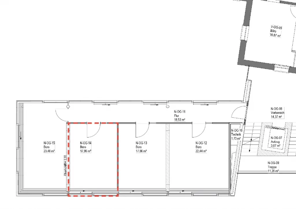 Grundriss des Private Office „Ideenschmiede“ bei CoWirken Schorndorf im 1. Obergeschoss mit markierter Bürofläche von 17,86 Quadratmetern.