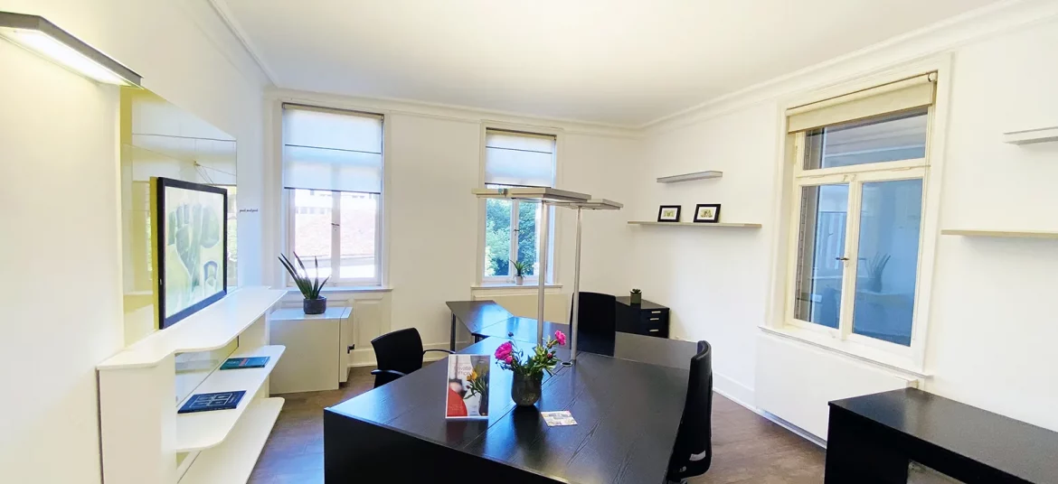 Helles Private Office Natureck bei CoWirken Schorndorf mit modernem Schreibtisch, Pflanzen, Regalen und großen Fenstern mit Blick ins Grüne.