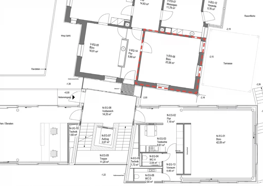 Grundriss des Private Office Natureck bei CoWirken Schorndorf im Erdgeschoss mit 22,58 m² Bürofläche, angrenzendem Flur.