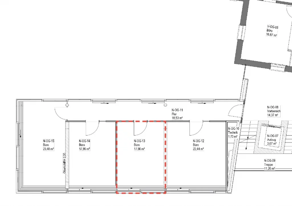 Grundriss des Private Office „Netzwerk“ bei CoWirken in Schorndorf. Das Büro im 1. Obergeschoss umfasst 17,86 Quadratmeter und liegt zentral im Flurbereich, mit direktem Zugang zu weiteren Büroräumen und dem Besprechungsraum Lobby im EG.