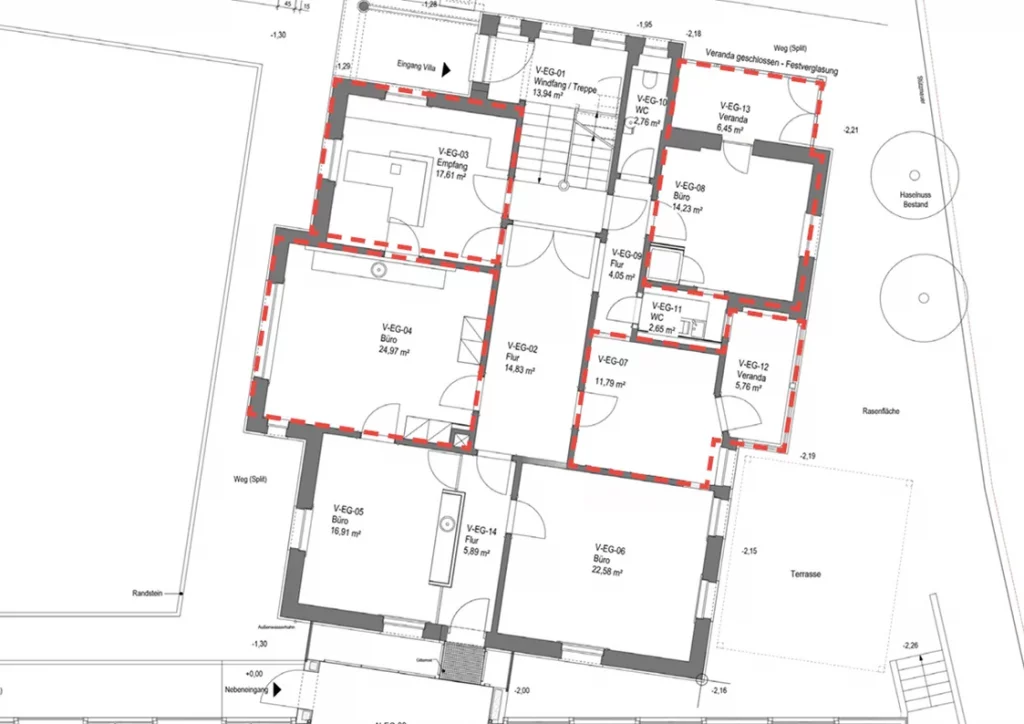 Grundriss des Coaching- und Therapiezentrums bei CoWirken Schorndorf mit der Angabe der Raumgrößen.